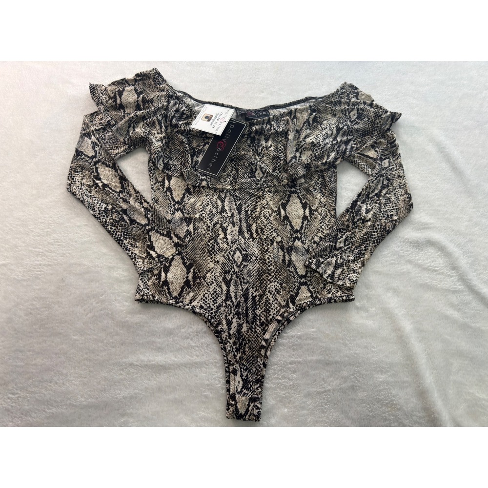 Polly & Esther Snakeskin Off Shoulder Ruffle Bodysuit Long Sleeve Gray Thong M - Picture 2 of 9